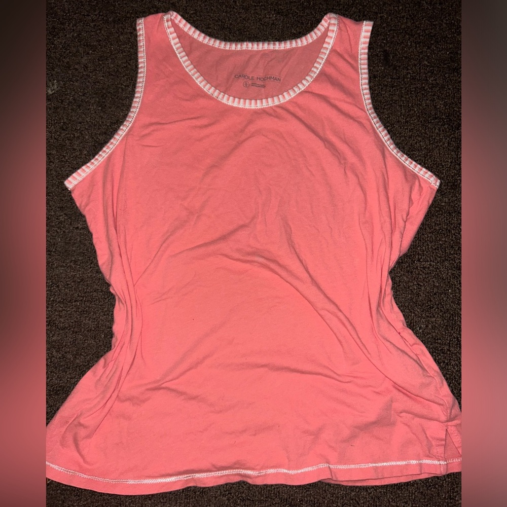 Coral bright pink Sleeveless Top with white stripped collar